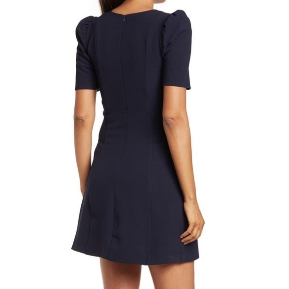 NWT Eliza J Crepe Shirred Elbow Sleeve A Line Knee Length Dress in Navy - Picture 3 of 8